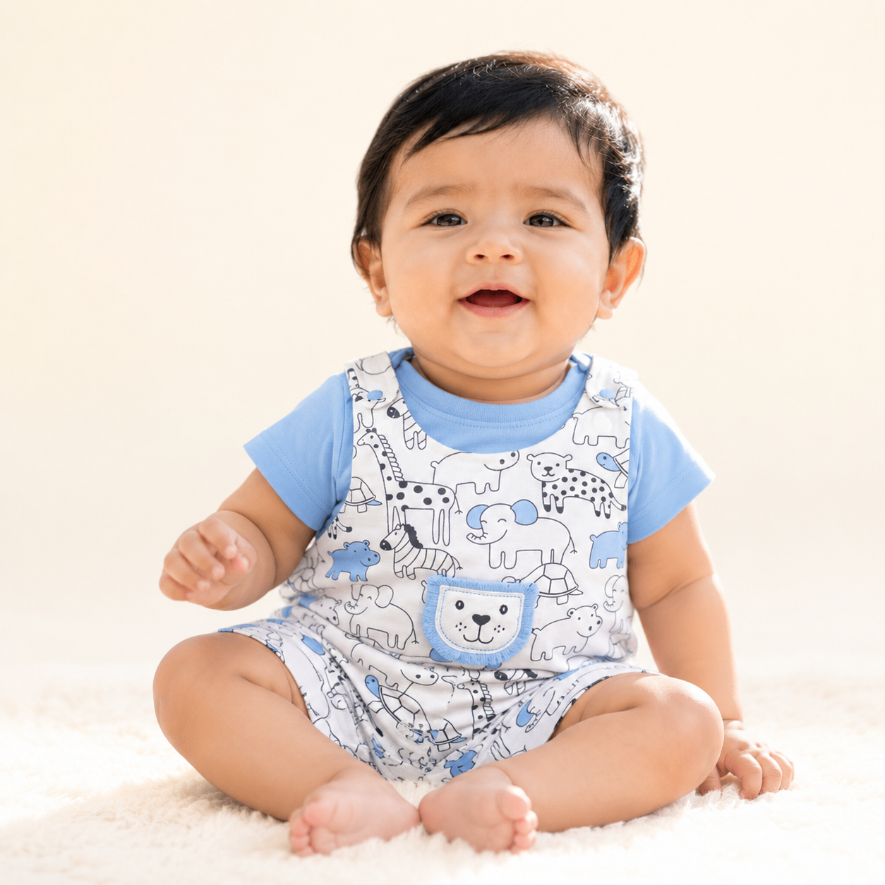 Animal Print Dungaree Romper with Inner Tee for Babies