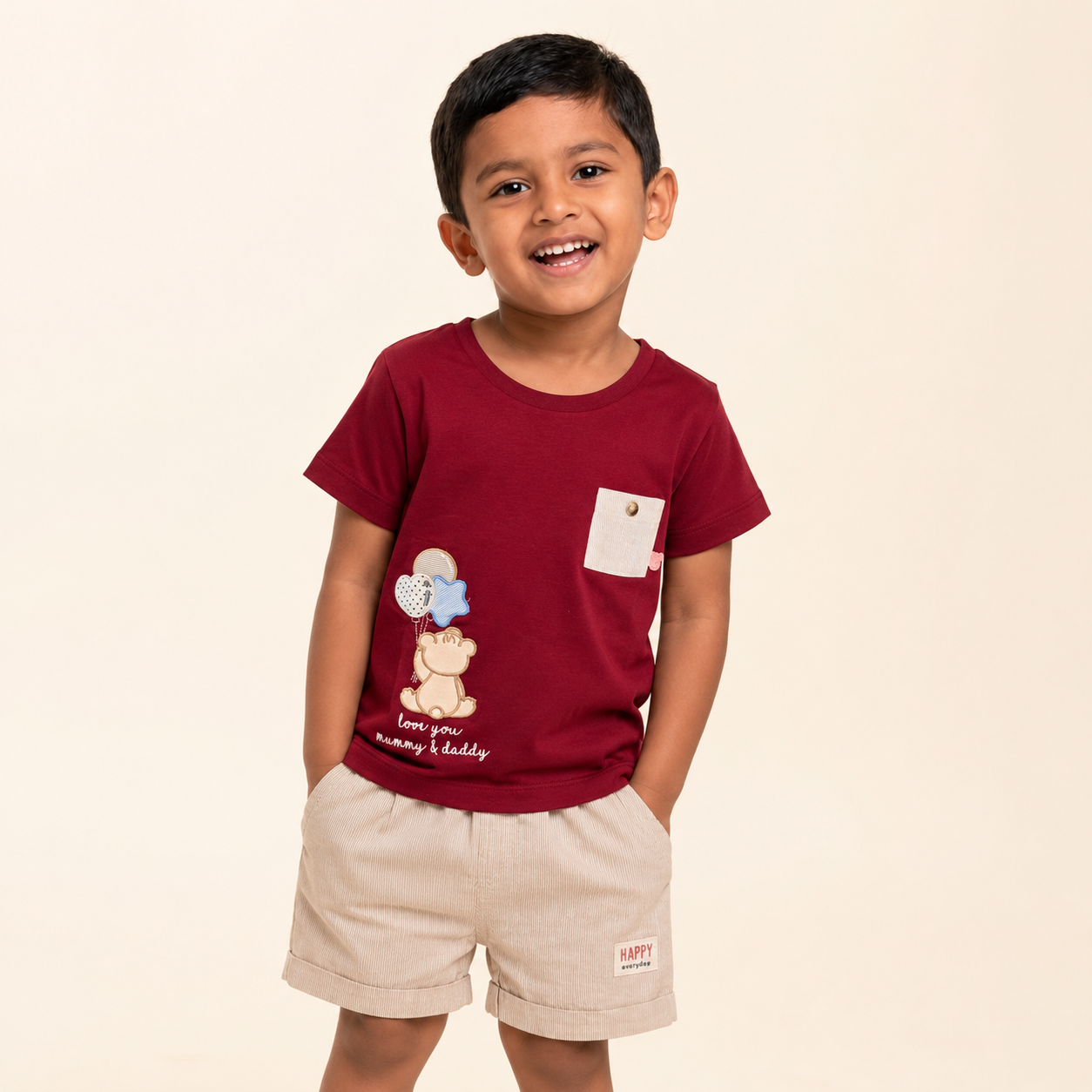 Bear Print Cotton T-Shirt & Shorts Co-ord Set for Boys