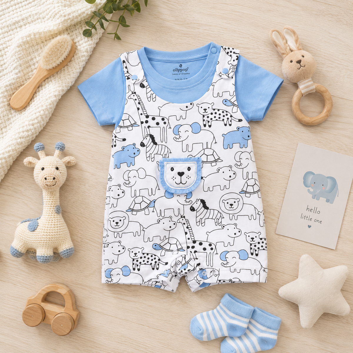 Animal Print Dungaree Romper with Inner Tee for Babies
