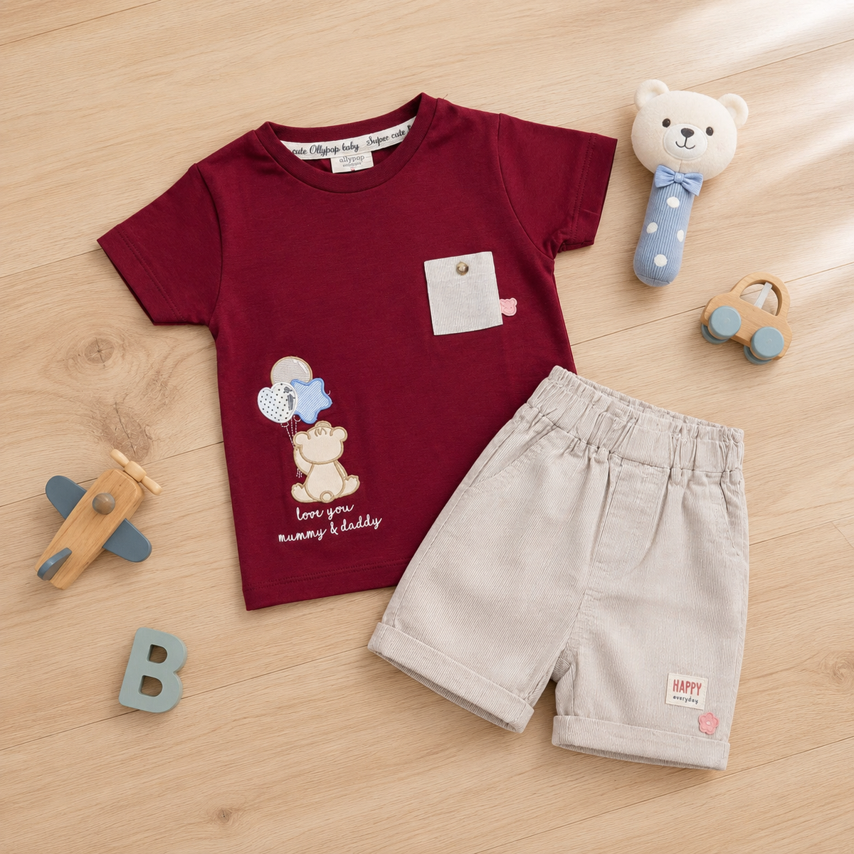 Bear Print Cotton T-Shirt & Shorts Co-ord Set for Boys