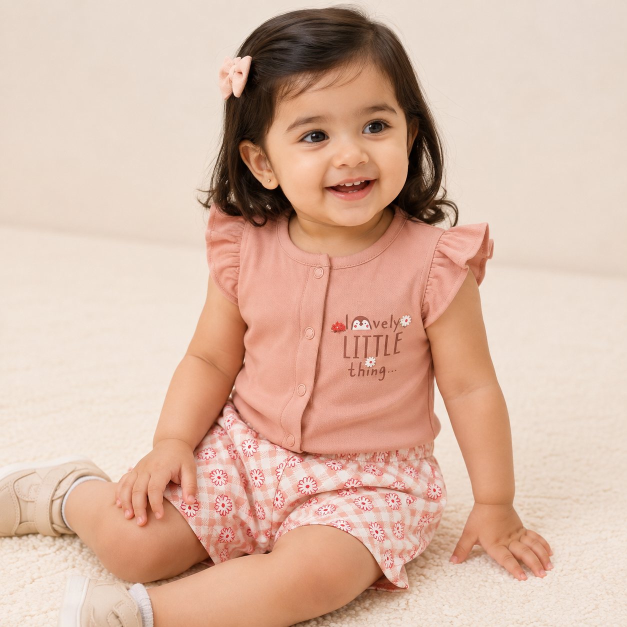 Baby Girls Lovely Little Thing Ruffle Top and Floral Gingham Shorts Set