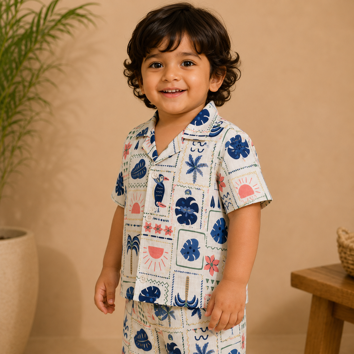 Boys Tropical Stamp Print Sleeveless Shirt and Shorts Co-ord Set