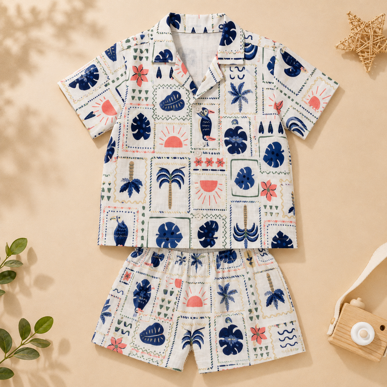 Boys Tropical Stamp Print Sleeveless Shirt and Shorts Co-ord Set