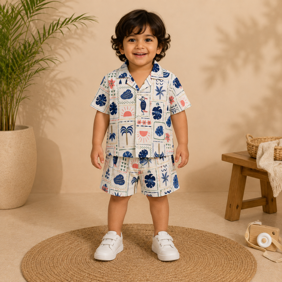 Boys Tropical Stamp Print Short Sleeve Shirt and Shorts Co-ord Set
