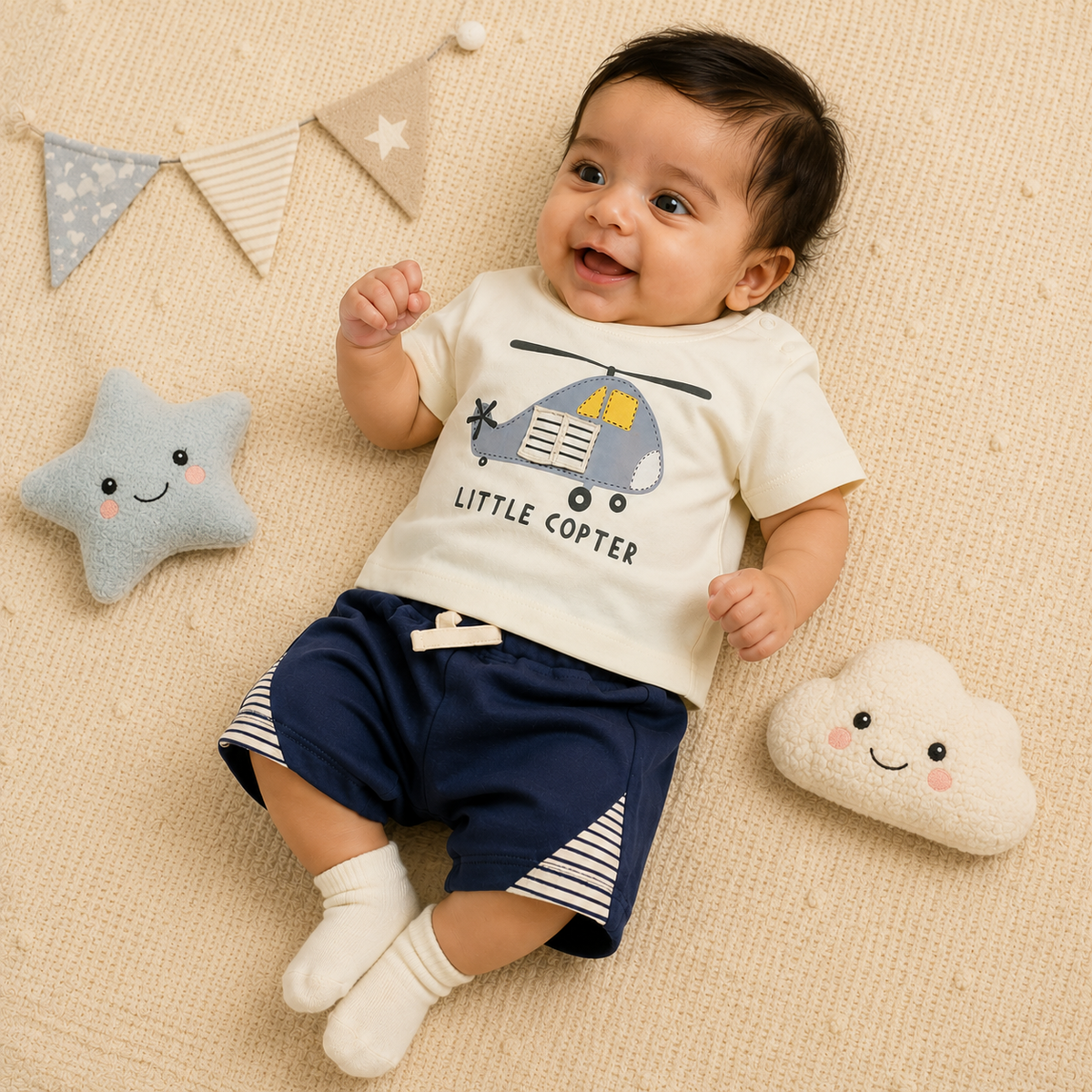 Baby Boys Little Copter Shoulder Button Tee and Charcoal Shorts Set