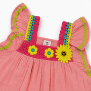 Baby Girls Peach Muslin Cotton Crochet Flower Accent Ruffle Dress