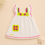 Baby Girls Peach Muslin Cotton Crochet Flower Accent Ruffle Dress