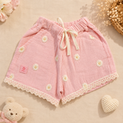 Baby Girls Sky Blue Daisy Embroidered Muslin Top and Lace Shorts Set