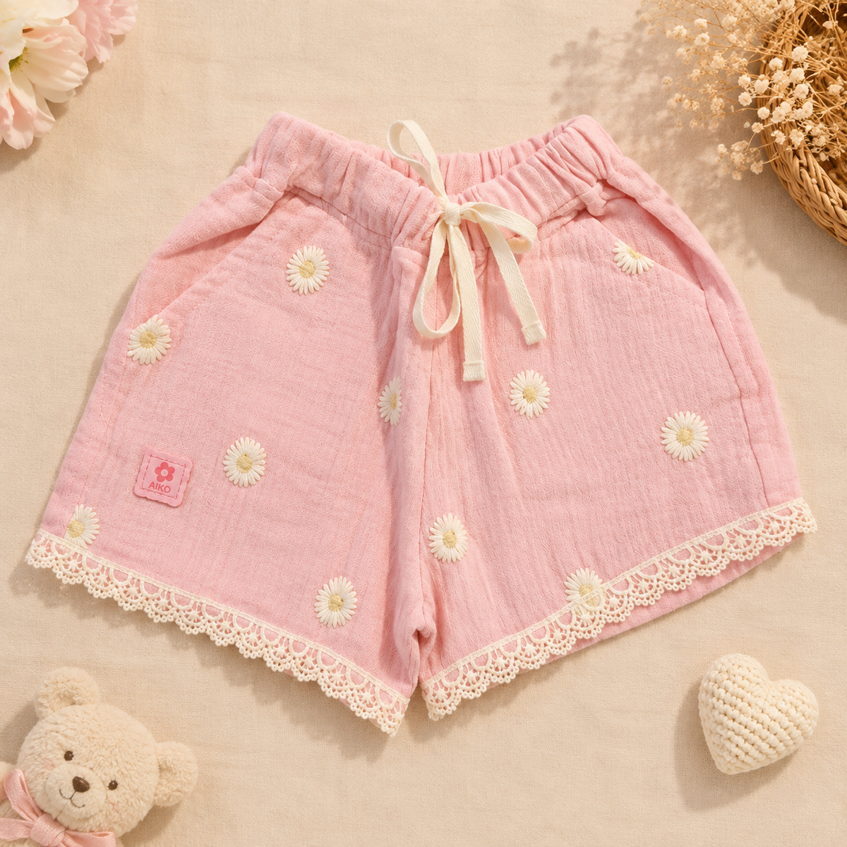 Baby Girls Sky Blue Daisy Embroidered Muslin Top and Lace Shorts Set