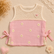 Baby Girls Sky Blue Daisy Embroidered Muslin Top and Lace Shorts Set