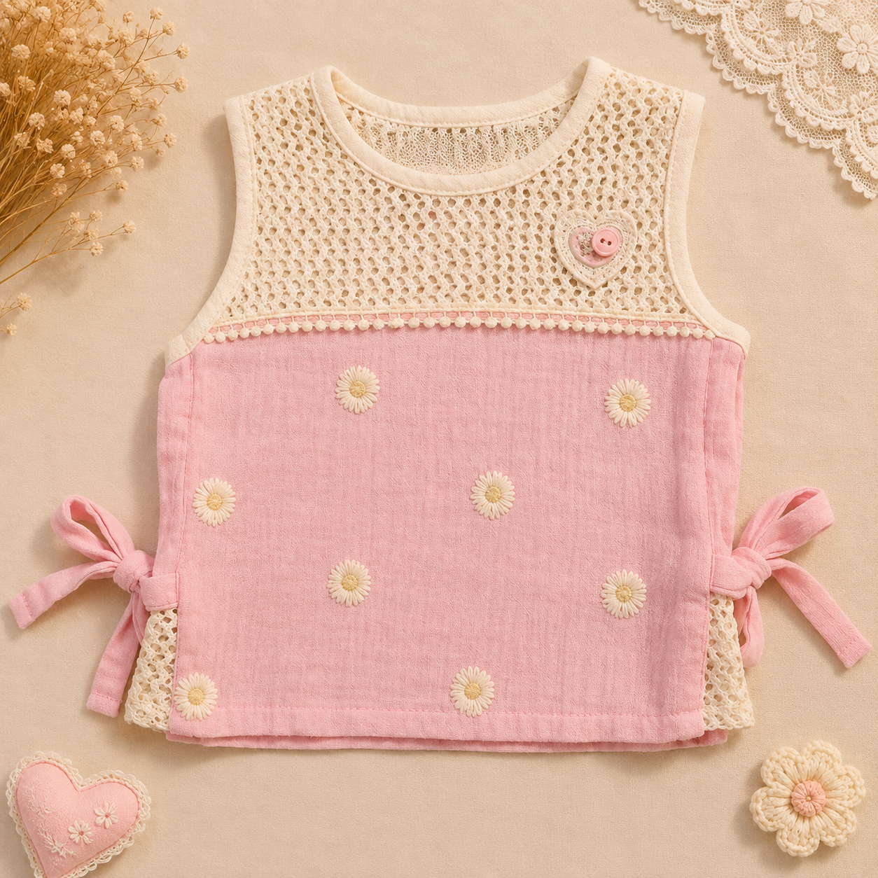 Baby Girls Sky Blue Daisy Embroidered Muslin Top and Lace Shorts Set