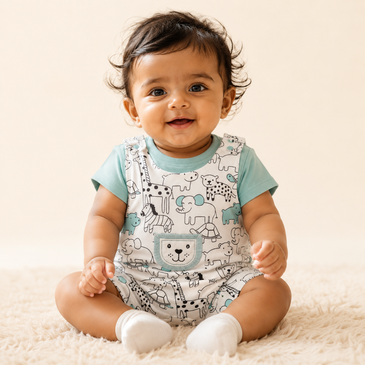 Animal Print Dungaree Romper with Inner Tee for Babies