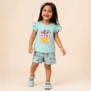 Flower Print Cotton Top & Checked Shorts Co-ord Set for Girls