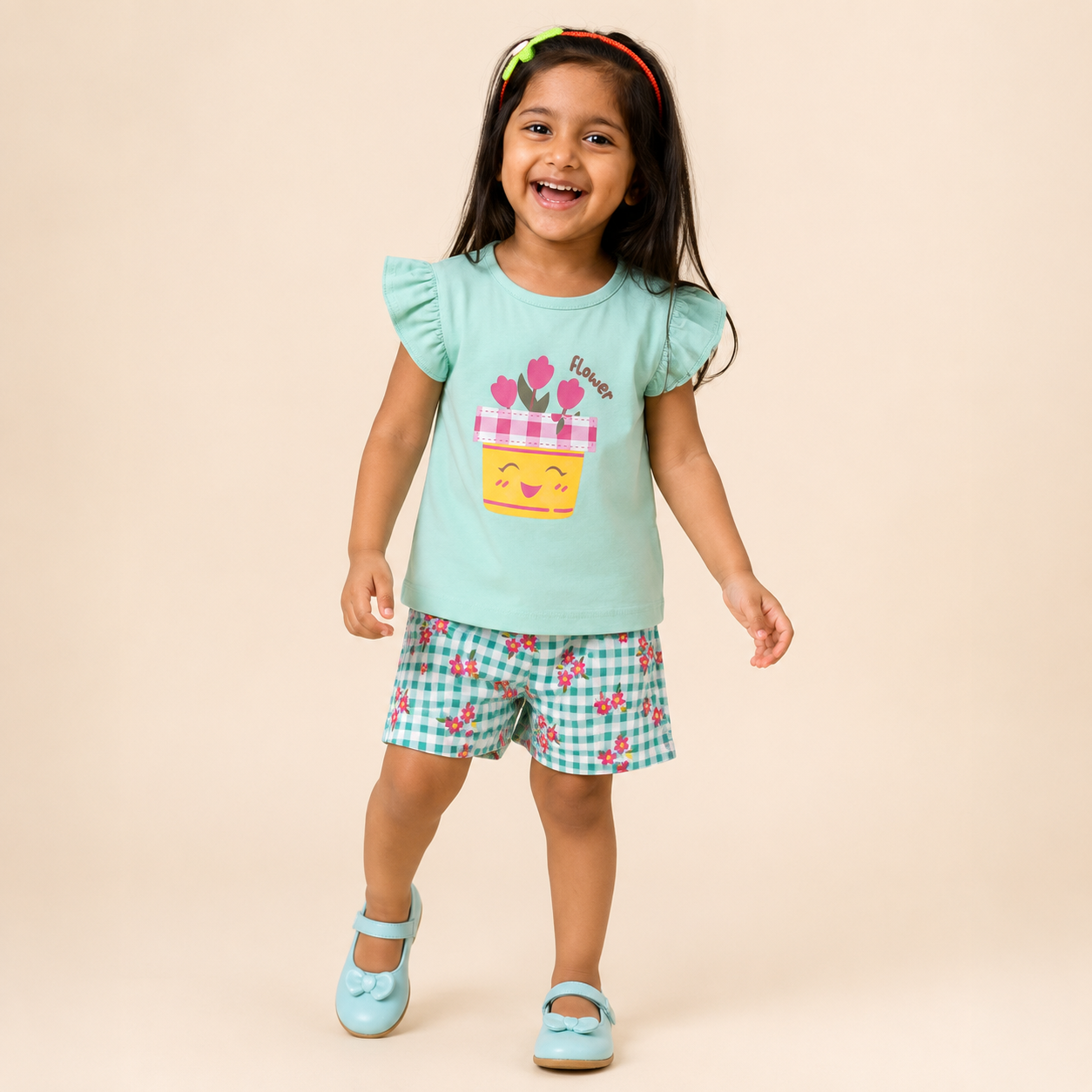 Flower Print Cotton Top & Checked Shorts Co-ord Set for Girls