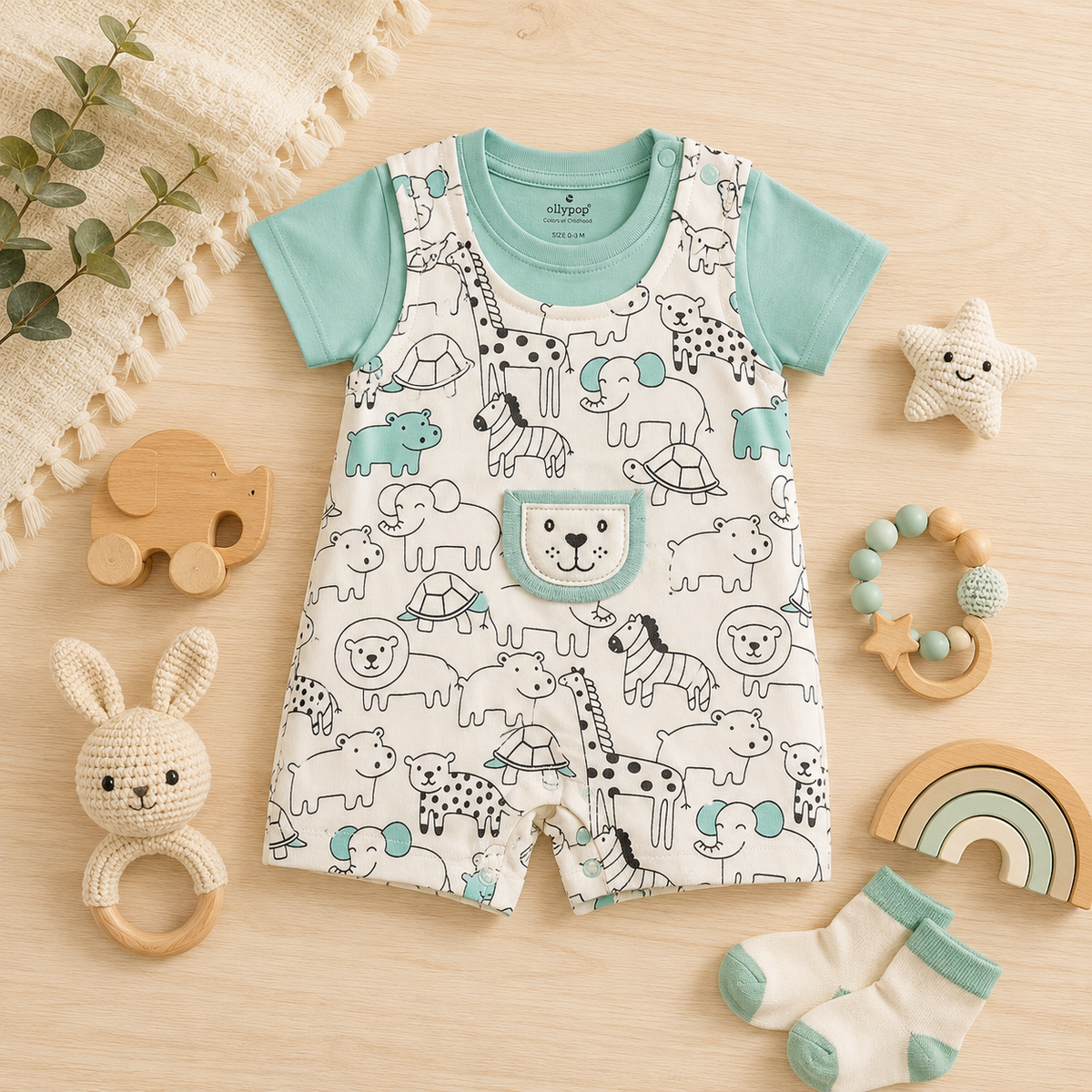 Safari Animal Print Cotton Romper for Babies – Mint Green