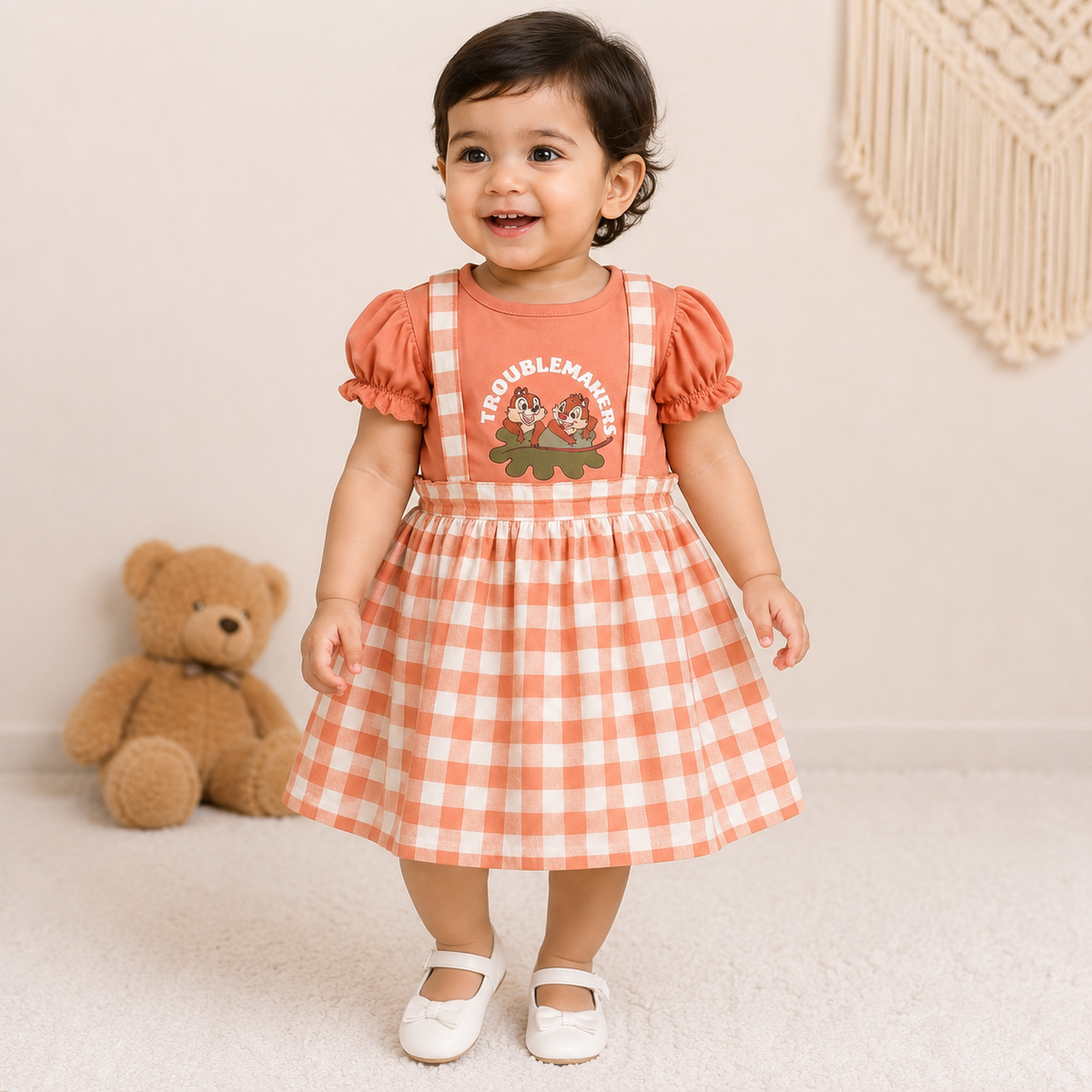Baby Girls Orange Gingham Minnie Mouse Pinafore Dress