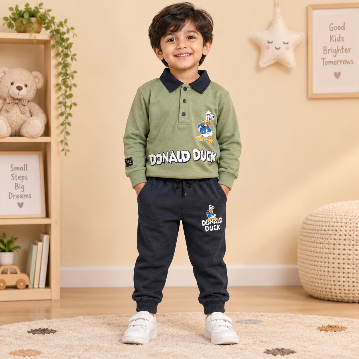 Boys Sage Green Donald Duck Polo Sweatshirt & Jogger Set