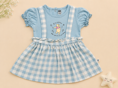 Baby Girls Sky Blue Winnie the Pooh Gingham Pinafore Dress
