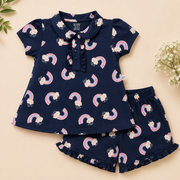 Baby Girls Maroon Bow Print Peter Pan Collar Top and Shorts Set