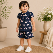 Baby Girls Maroon Bow Print Peter Pan Collar Top and Shorts Set