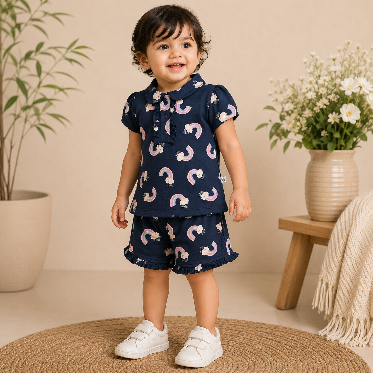 Baby Girls Maroon Bow Print Peter Pan Collar Top and Shorts Set