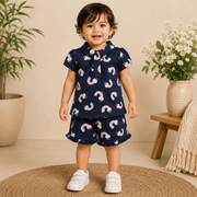 Baby Girls Navy Blue Rainbow Print Peter Pan Collar Top and Shorts Set