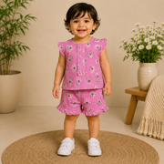 Baby Girls Maroon Bow Print Peter Pan Collar Top and Shorts Set