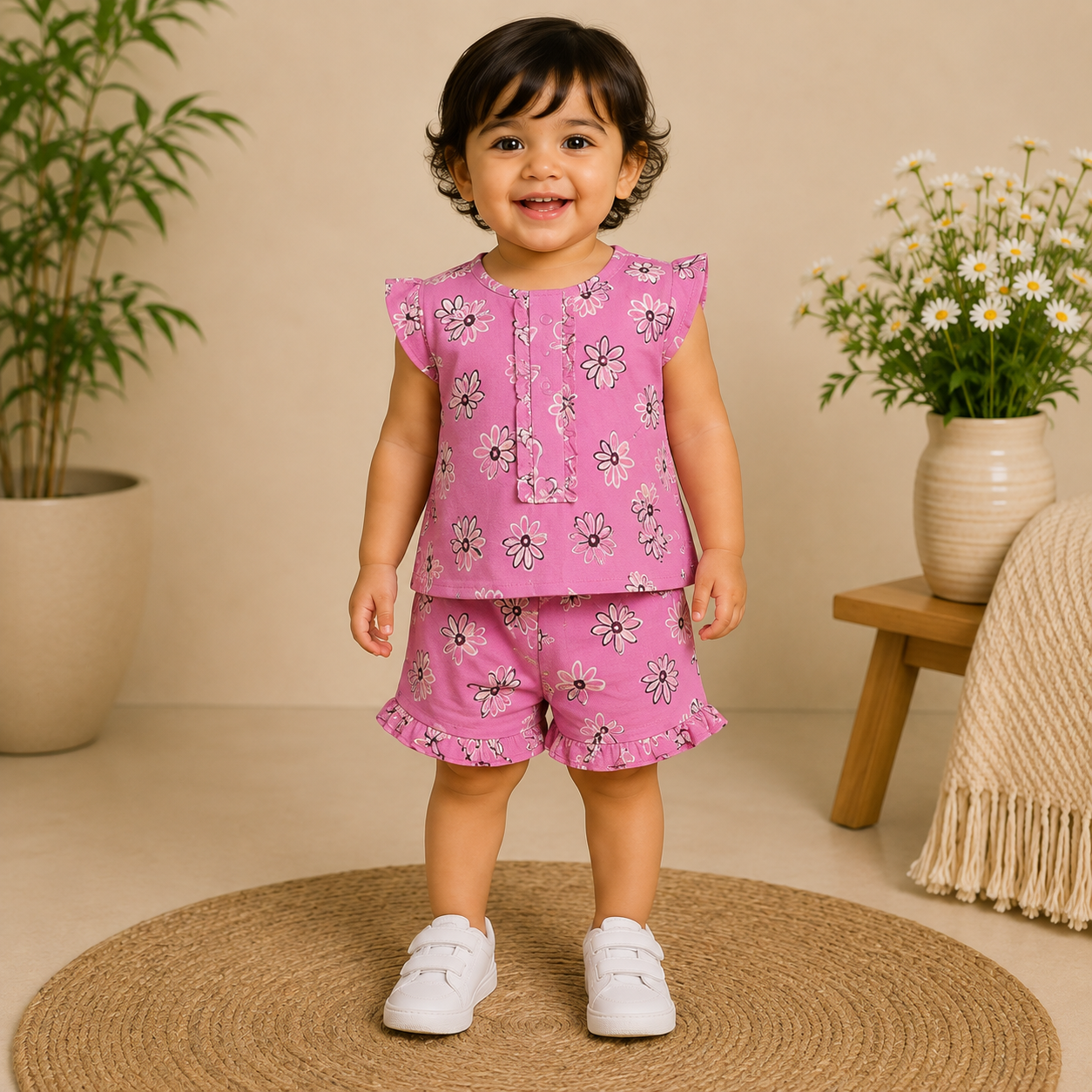 Baby Girls Maroon Bow Print Peter Pan Collar Top and Shorts Set