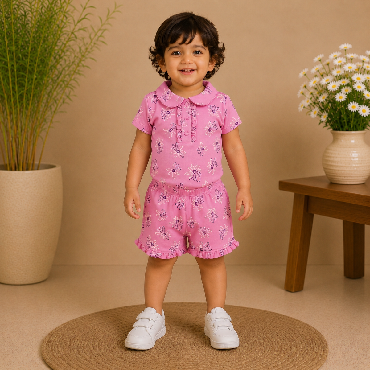 Baby Girls Maroon Bow Print Peter Pan Collar Top and Shorts Set