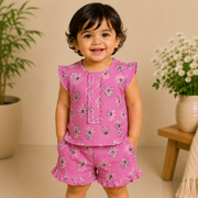 Baby Girls Maroon Bow Print Peter Pan Collar Top and Shorts Set