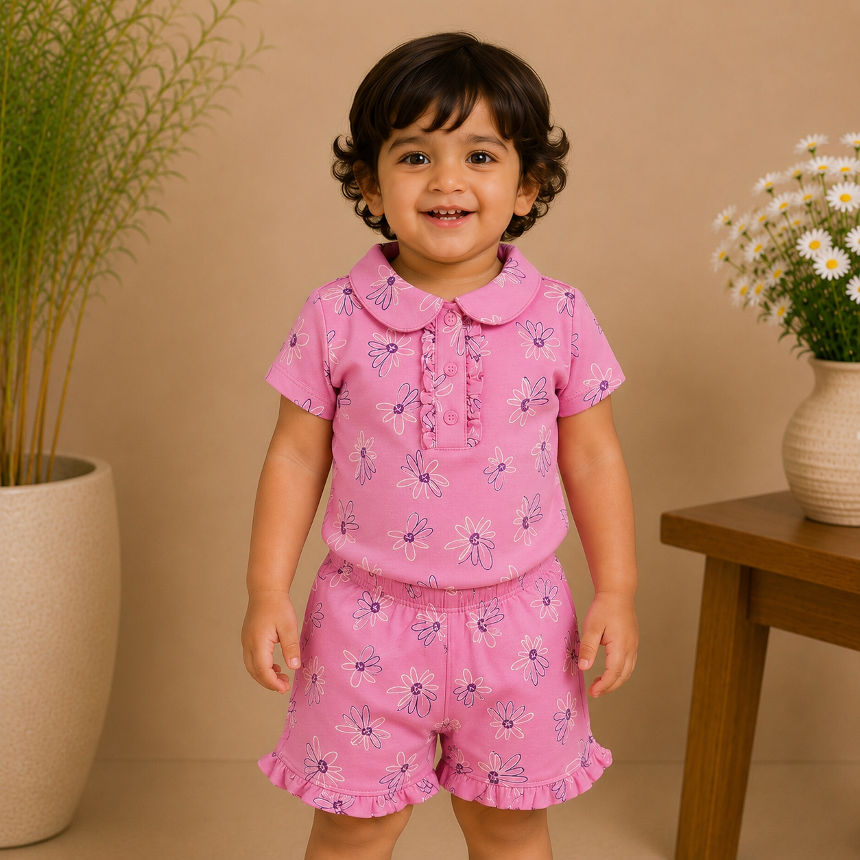 Baby Girls Navy Blue Rainbow Print Peter Pan Collar Top and Shorts Set