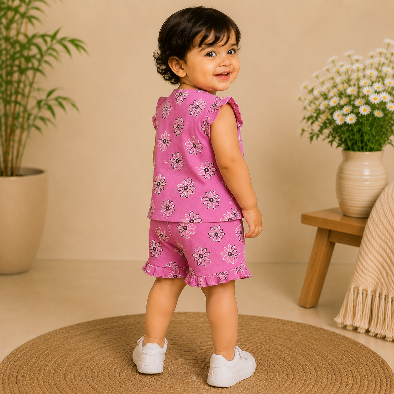 Baby Girls Maroon Bow Print Peter Pan Collar Top and Shorts Set