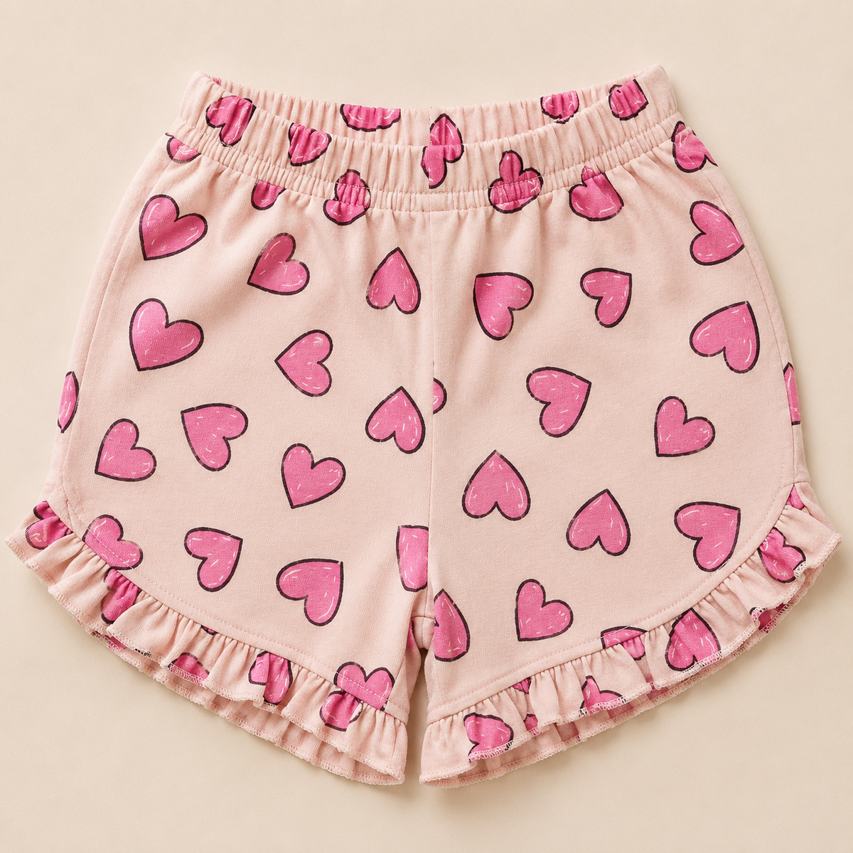 Baby Girls Light Pink Heart Print Ruffle Sleeve Top and Shorts Set