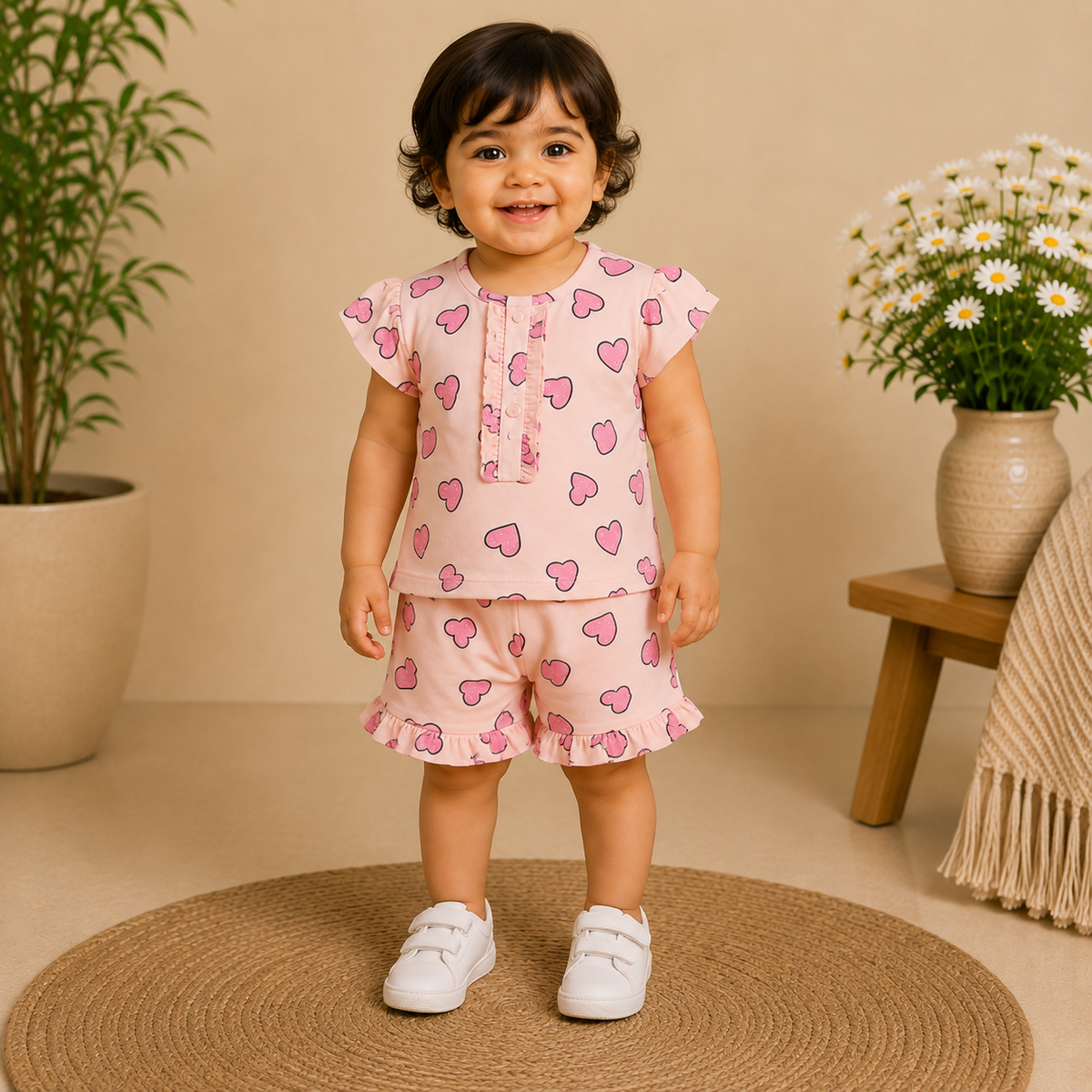 Baby Girls Light Pink Heart Print Ruffle Sleeve Top and Shorts Set