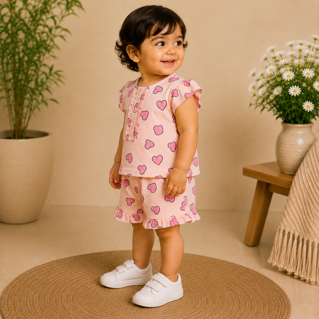 Baby Girls Light Pink Heart Print Ruffle Sleeve Top and Shorts Set