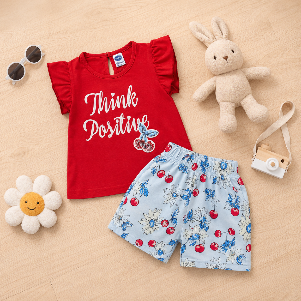 Think Positive Cotton Top & Floral Shorts Co-ord Set for Girls