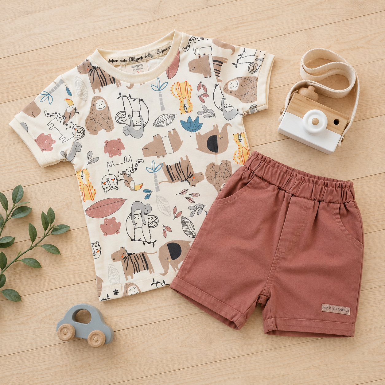 Safari Animal Print Cotton T-Shirt & Shorts Co-ord Set for Boys – Dusty Brown