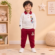 Boys Cream & Maroon Mickey Mouse Basketball Polo Sweatshirt & Jogger Set