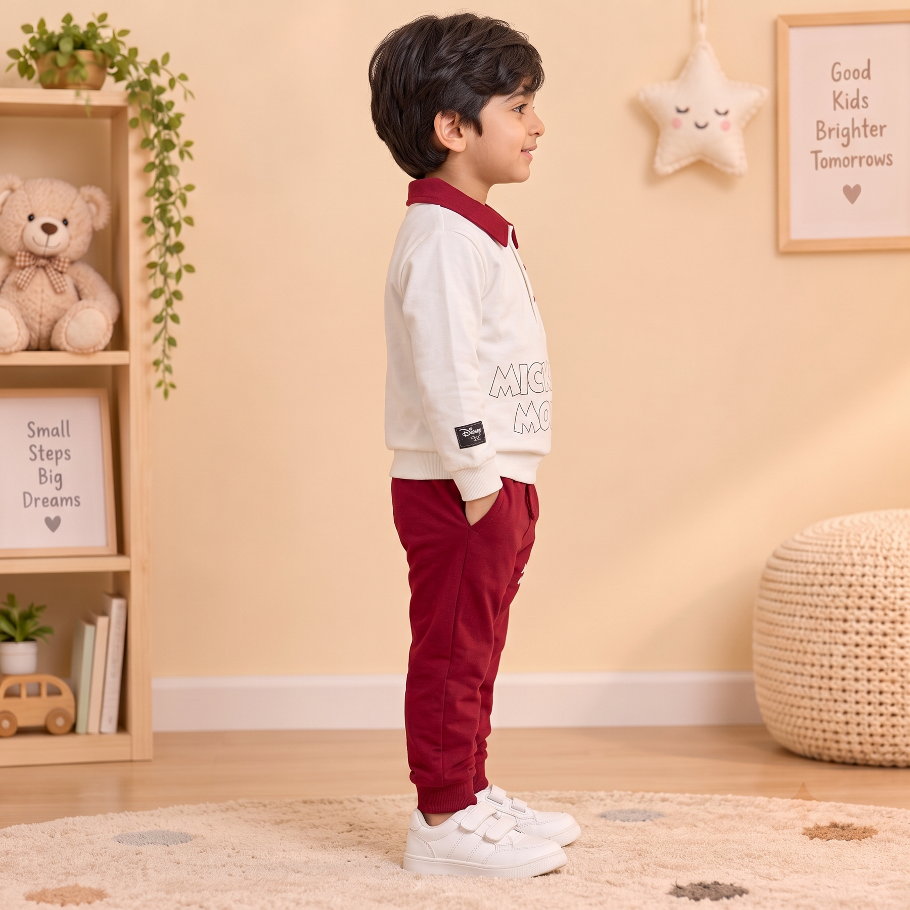 Boys Cream & Maroon Mickey Mouse Basketball Polo Sweatshirt & Jogger Set