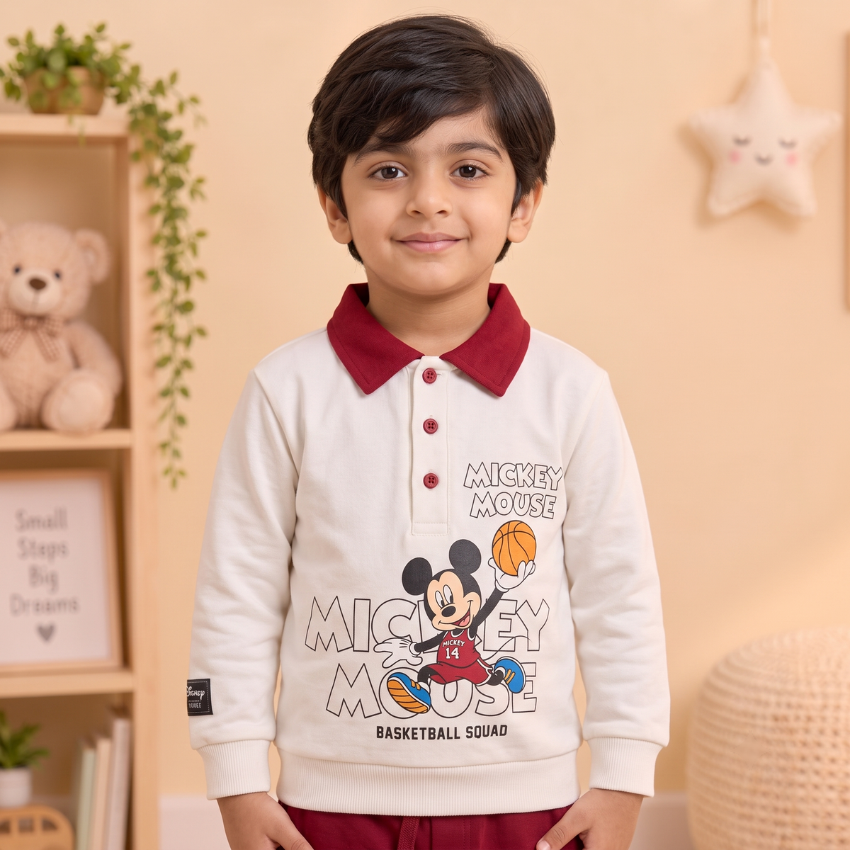 Boys Cream & Maroon Mickey Mouse Basketball Polo Sweatshirt & Jogger Set