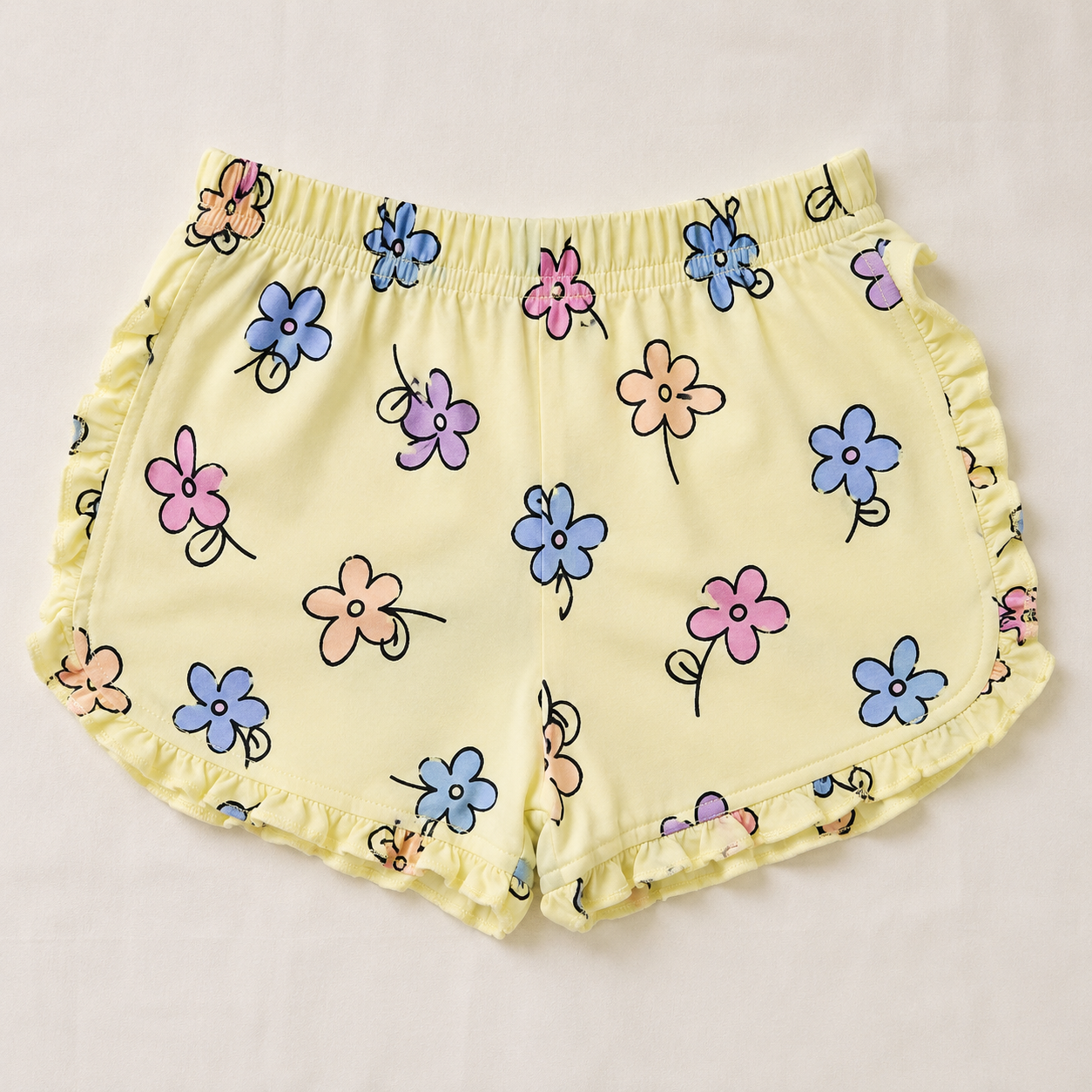 Baby Girls Pastel Yellow Multi Floral Ruffle Sleeve Top and Shorts Set