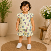 Baby Girls Pastel Yellow Multi Floral Ruffle Sleeve Top and Shorts Set
