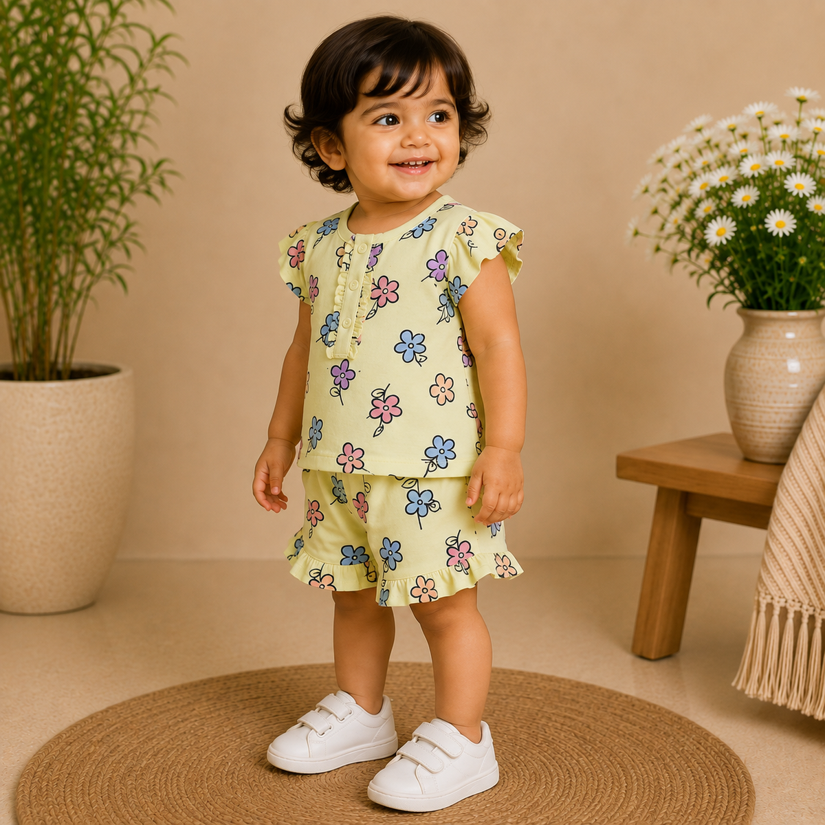 Baby Girls Peach Dragonfly & Butterfly Print Peter Pan Collar Top and Shorts Set