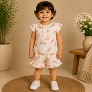 Baby Girls Pastel Yellow Multi Floral Ruffle Sleeve Top and Shorts Set