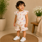 Baby Girls Peach Dragonfly & Butterfly Print Peter Pan Collar Top and Shorts Set