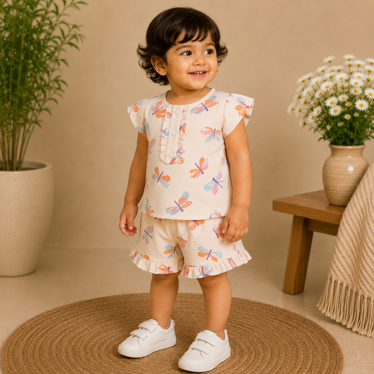 Baby Girls Peach Dragonfly & Butterfly Print Peter Pan Collar Top and Shorts Set