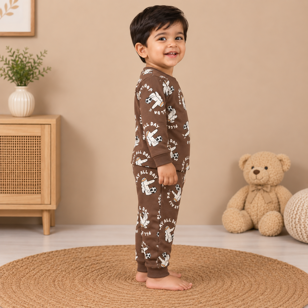 Boys Brown Football Elephant 3-Piece Cotton Loungewear Set