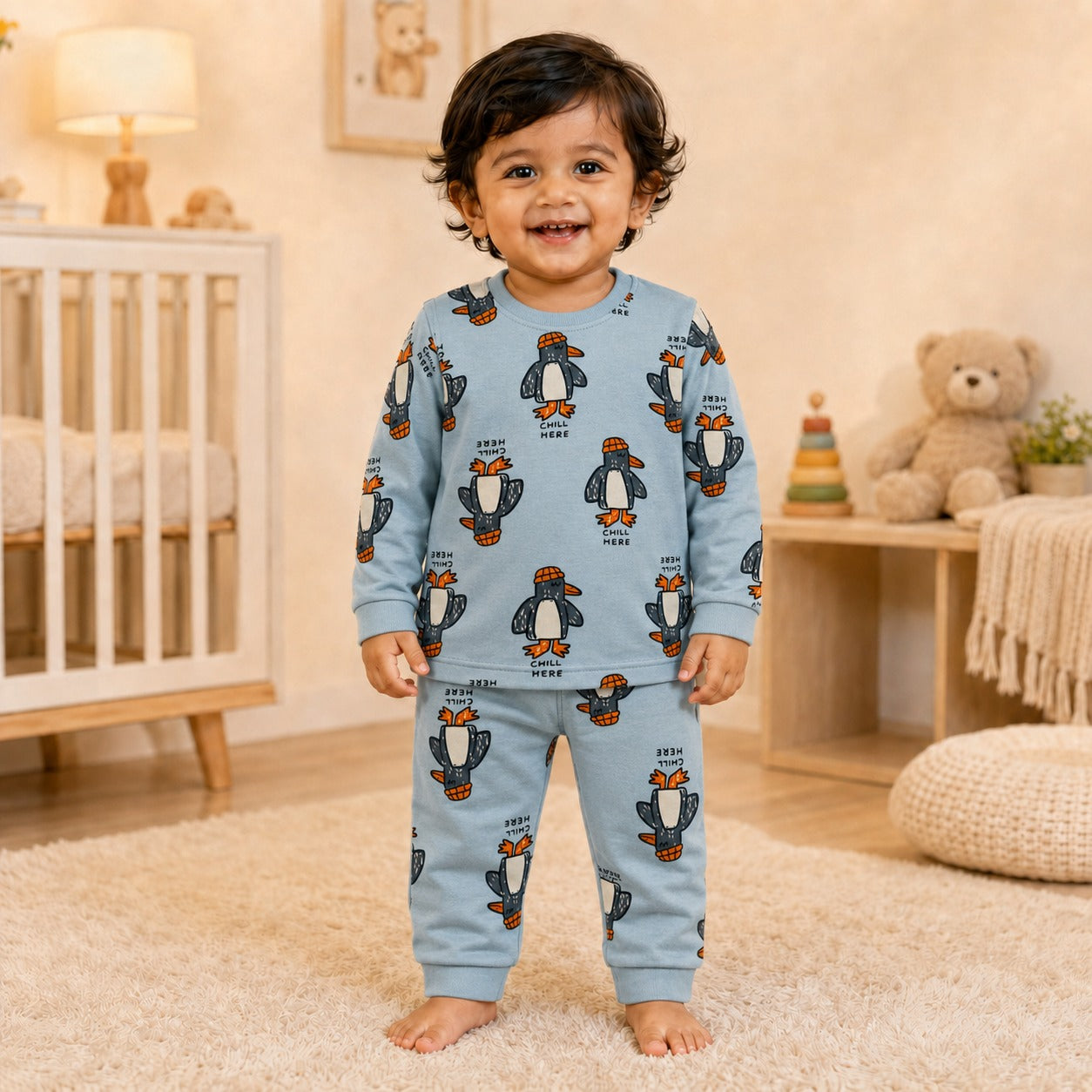 Boys Blue Chill Penguin Cotton Loungewear Set