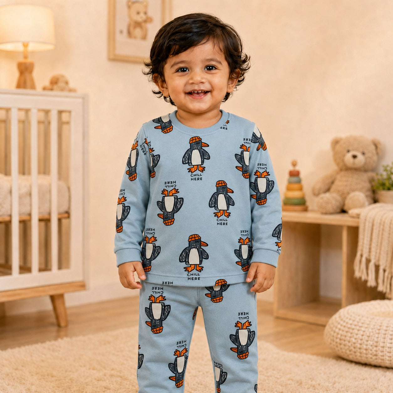 Boys Blue Chill Penguin Cotton Loungewear Set