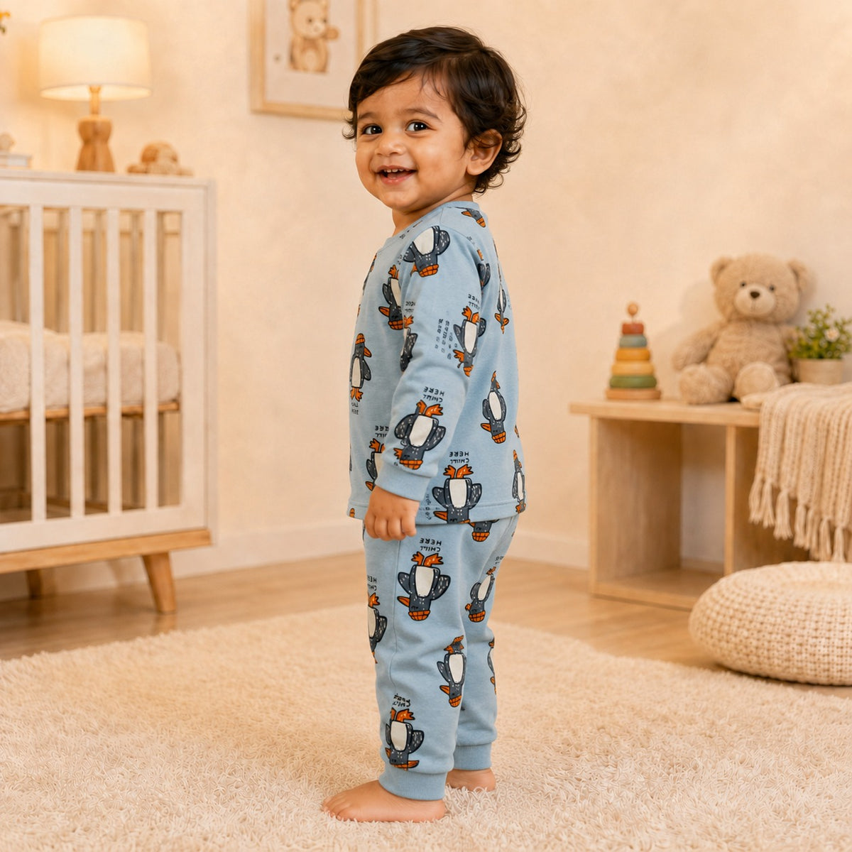 Boys Blue Chill Penguin Cotton Loungewear Set